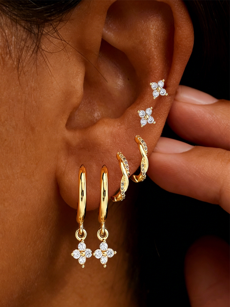 6/3 Pcs Trendy Stainless Steel Flower Earring Set For Women Vintage Crystal Zircon Drop Earrings Hypoallerg Piercing Jewelry New