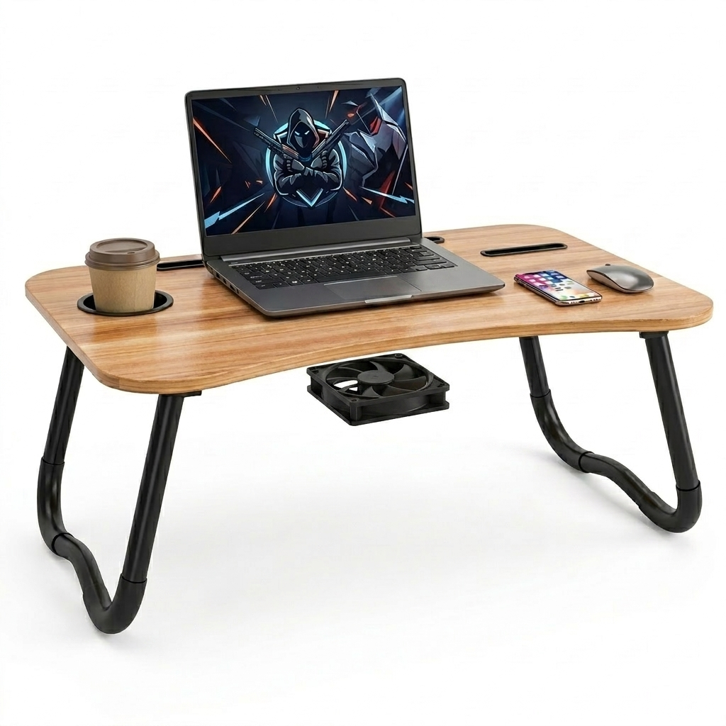 Single Fan Wooden Laptop Cooling Table Foldable Adjustable Bed Desk With Cup Holder Tablet Slot For Gaming Study Office Home Use