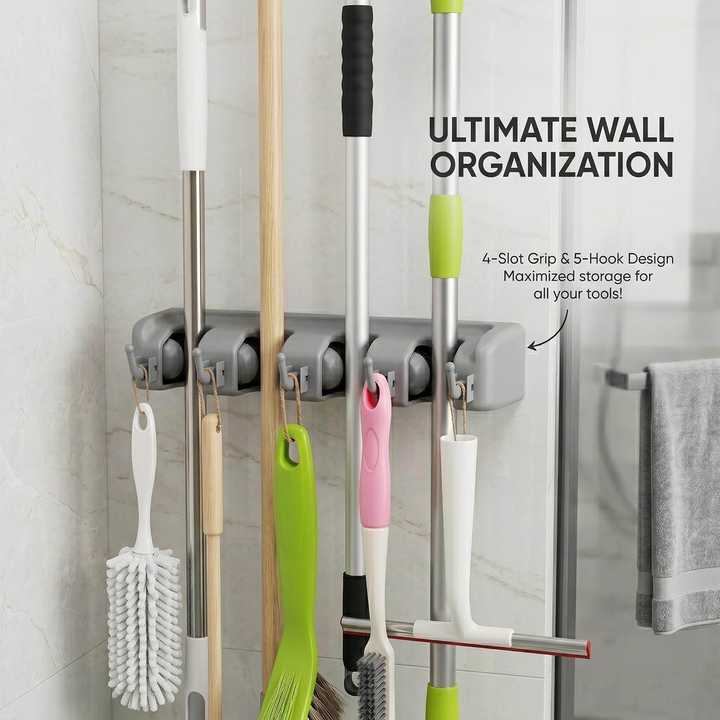 Broom Mop Holder Wall Mounted | Self Adhesive Mop & Broom Organizer | Wall Mount Cleaning Tool Storage Rack | Kitchen Bathroom Organizer