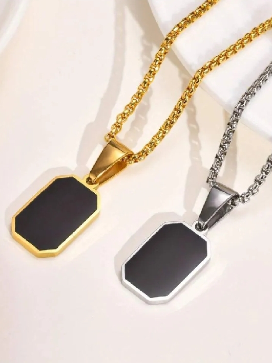 "Men's Stainless Steel Black Rectangle Pendant Necklace – Gold & Silver Chain