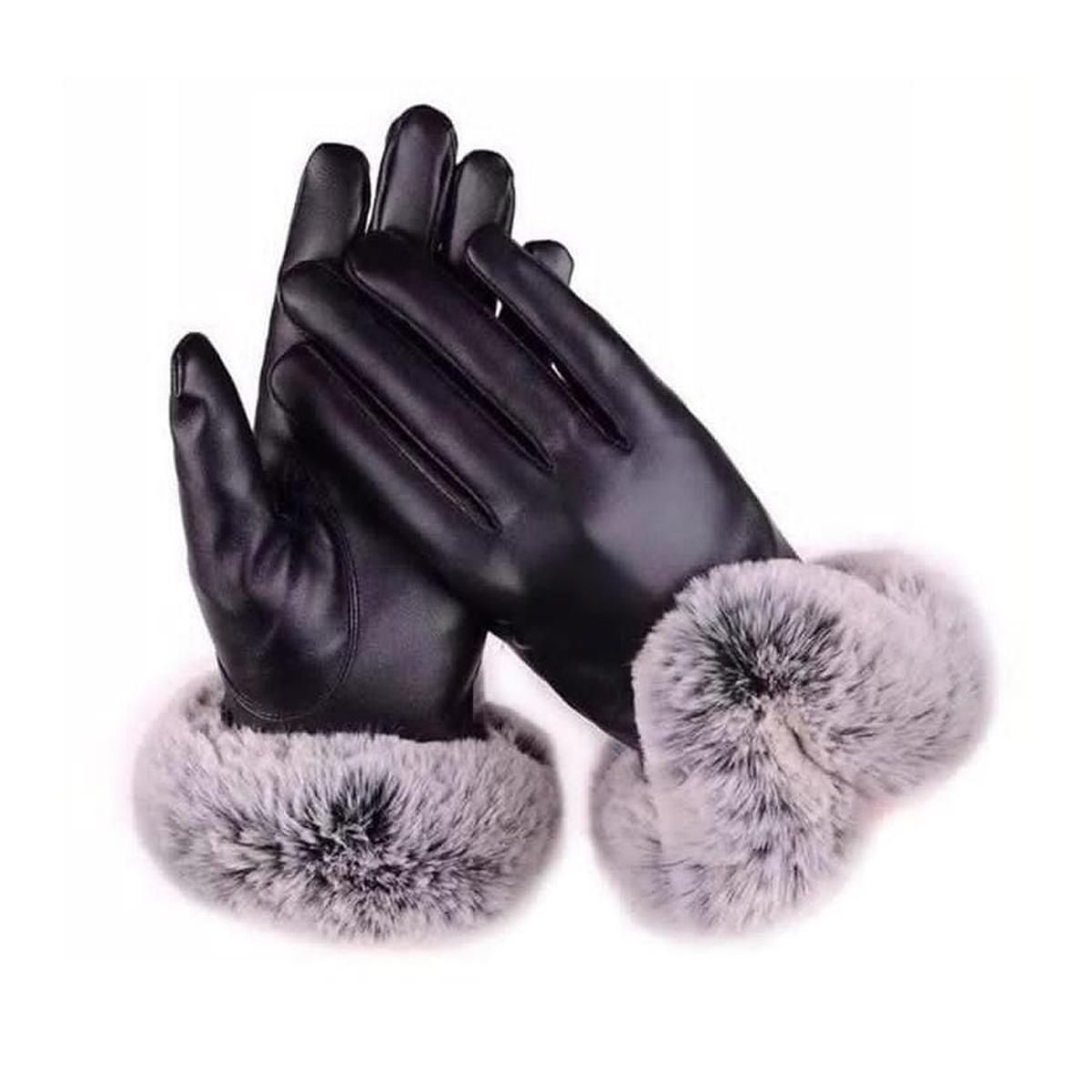 Outdoor Winter Women Windproof Faux Leather Touch Screen Full Finger Gloves with Faux Rabbit Fur Lining