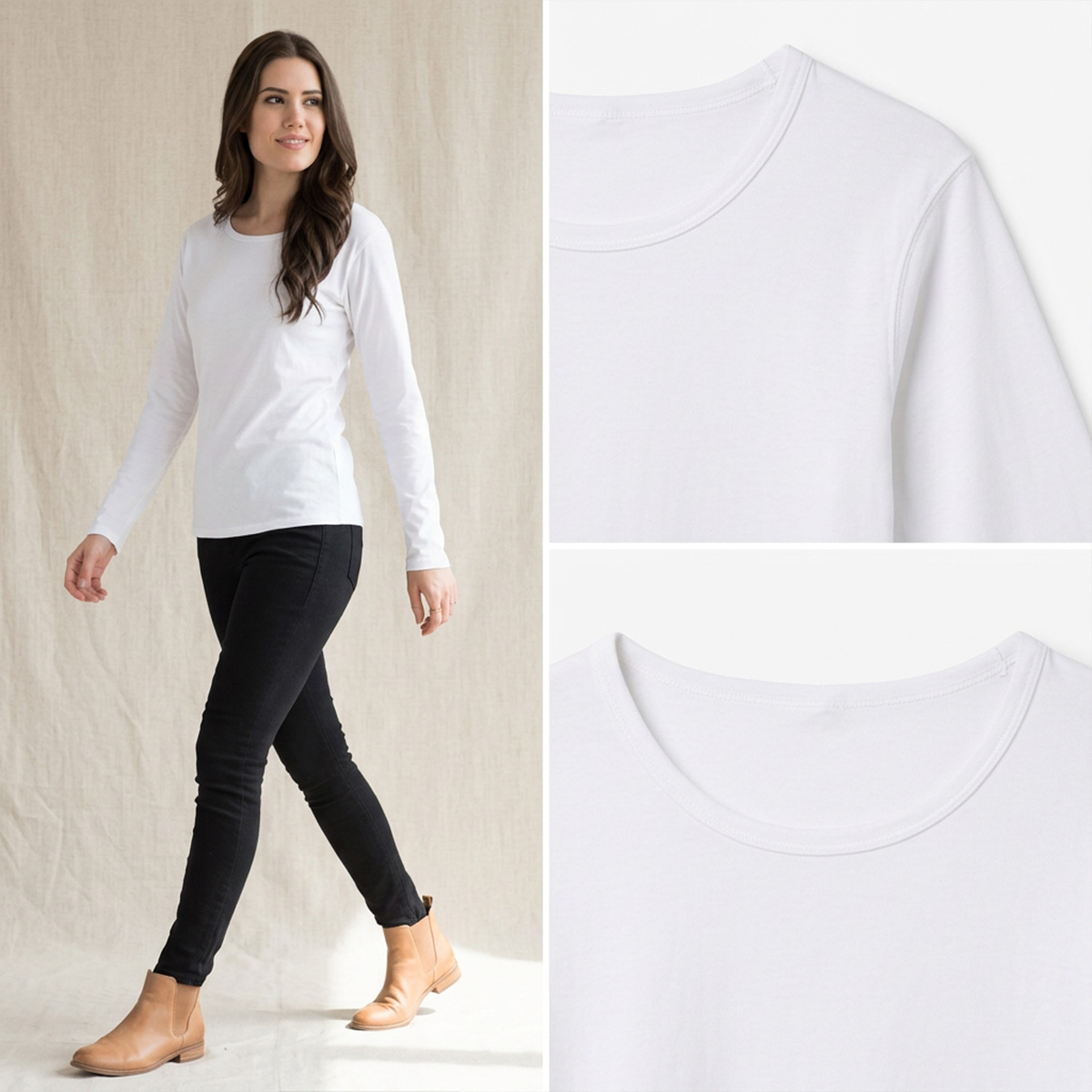 Basic White Round Neck Full Sleeve T Shirt for Women Comfortable Casual Wear