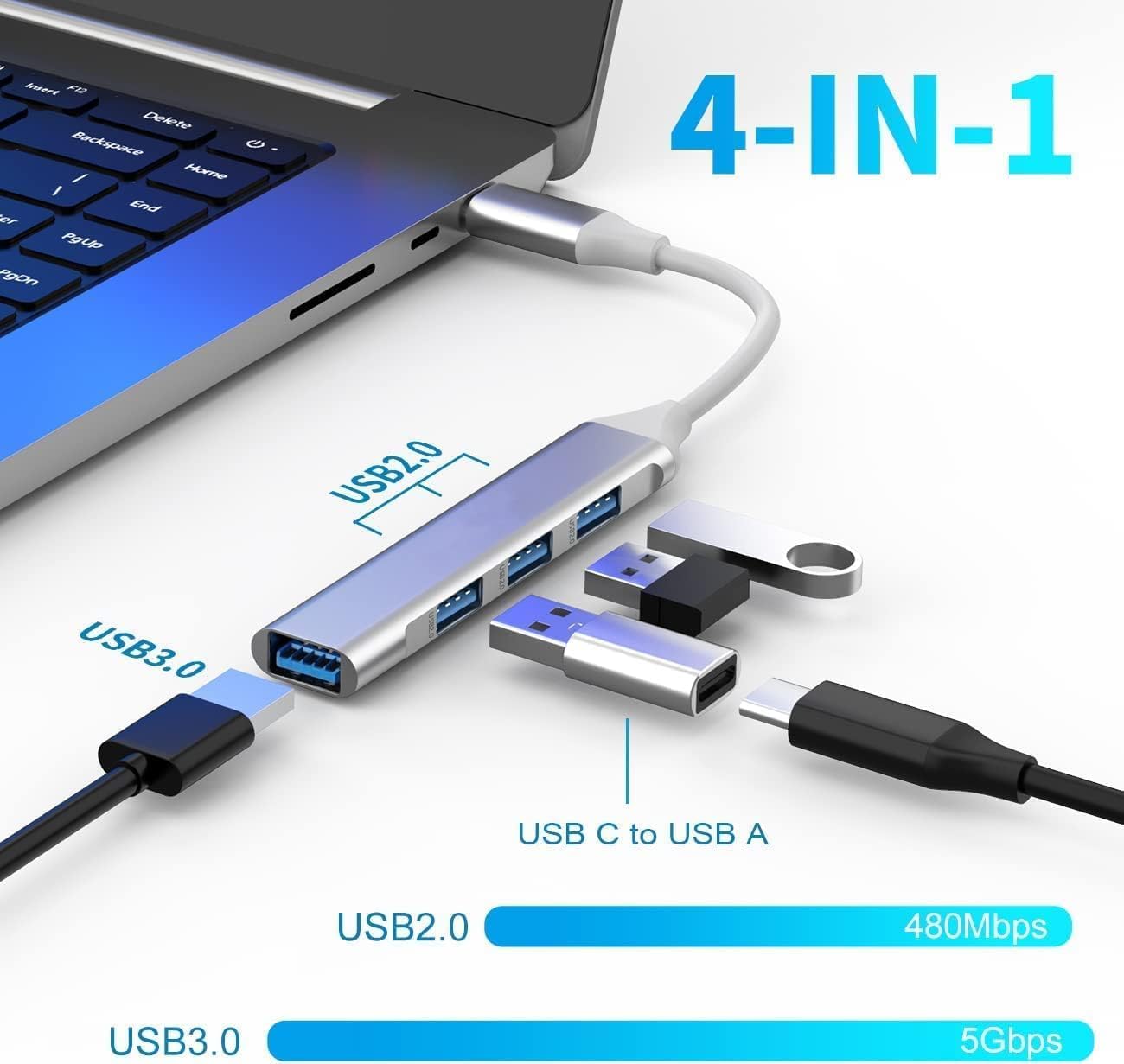 4 In 1 Type C To Four USB A Port USB 3.0 OTG Hub Aluminum Adapter High Speed Data Transfer For Laptop Tablet Smartphone