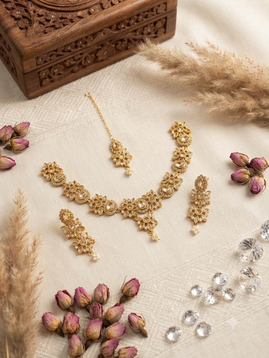 Elegant Floral Design  Stone Necklace Set with Matching Earrings and Tikka | Festive & Bridal Ethnic Jewelry set for girls and women