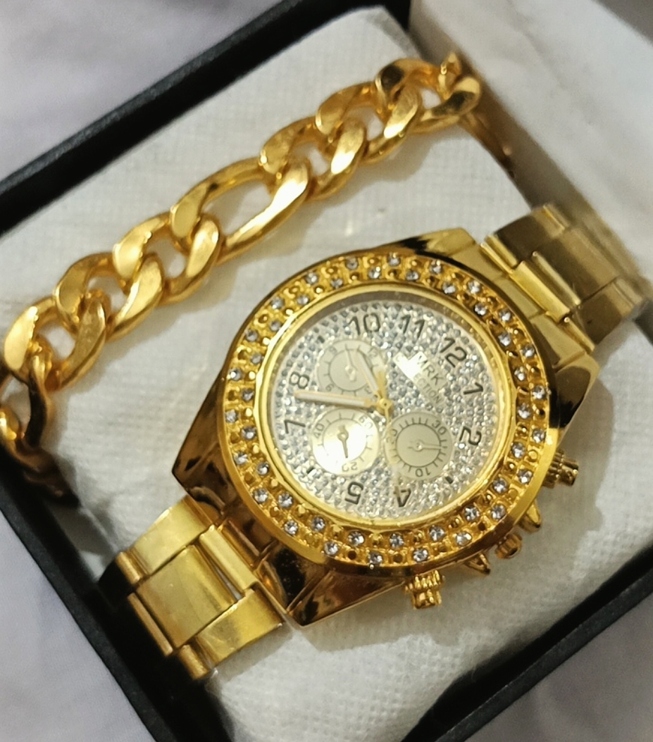 2PCS/MENS FASHION LUXURY WATCH DEAL -TOP FASHION ROUND DOUBLE LAYERS PEARL STONE WATCH+HAND MADE ITALIAN THIN BRACLET FOR BOYS AND MEN