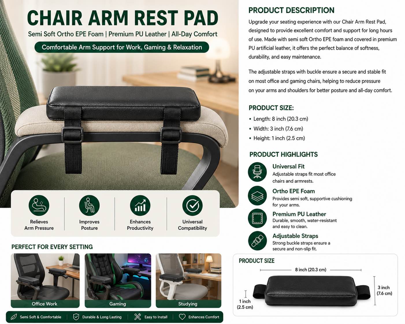 Chair Arm Rest Pad (2PCS / 1 Pair) – Semi Soft Ortho EPE Foam with Premium PU Artificial Leather Cover | Adjustable Straps | Comfortable Arm Support for Office, Gaming , Study & other Chairs