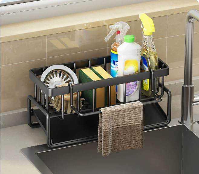Sink Soap & Towel Organizer Metal | Kitchen Sink Caddy | Dish Soap Sponge Holder | Bathroom Countertop Storage Rack
