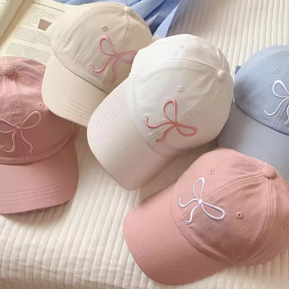 Sweet Bowknot Embroidery Baseball Hat for Women Solid Color Korean Girl Peaked Cap Outdoor Soft Cotton Snapback Sun Visors Hat