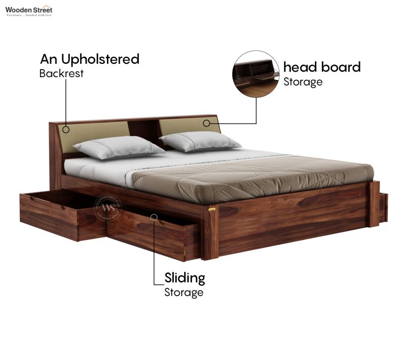Walken Sheesham Wood Bed with Full Drawer Storage