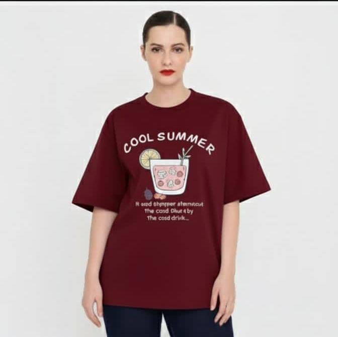 Oversized marhoon T-Shirt for Women | 'Cool Summer' Drink Graphic Print Comfortable Casual Tee