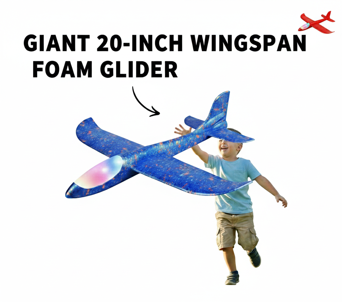 Giant 18" LED Foam Glider Plane – 20-Inch Wingspan Hand Throw Flying Aircraft Toy for Kids – Durable EPP Foam Airplane with Flashing Lights – Perfect Outdoor Birthday Gift