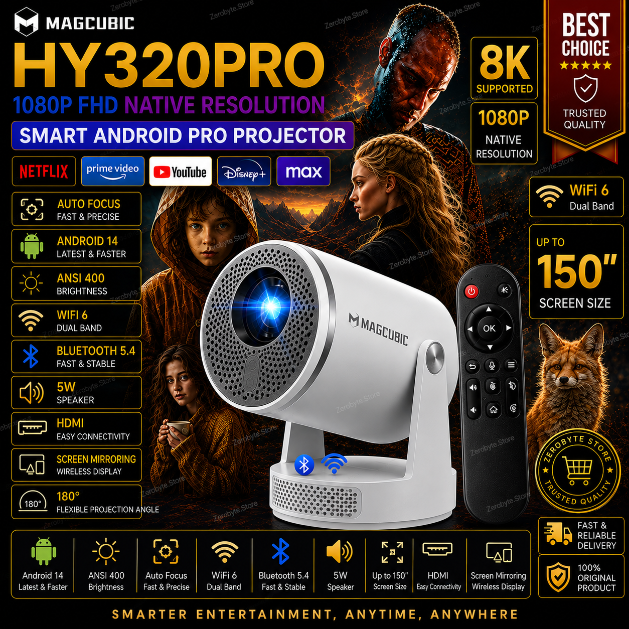 Magcubic HY320PRO projector Native 1080P Auto Focus 400 ANSI Android 14 support 8K Dual Wifi6 BT5.4 Air Mouse Voice Home Outdoor Movie HY320 PRO