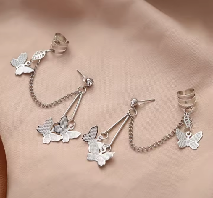 Pair of (2 Pcs) Silver plated Long Chain Butterfly Design Ear Cuffs Earrings for Women and Girls