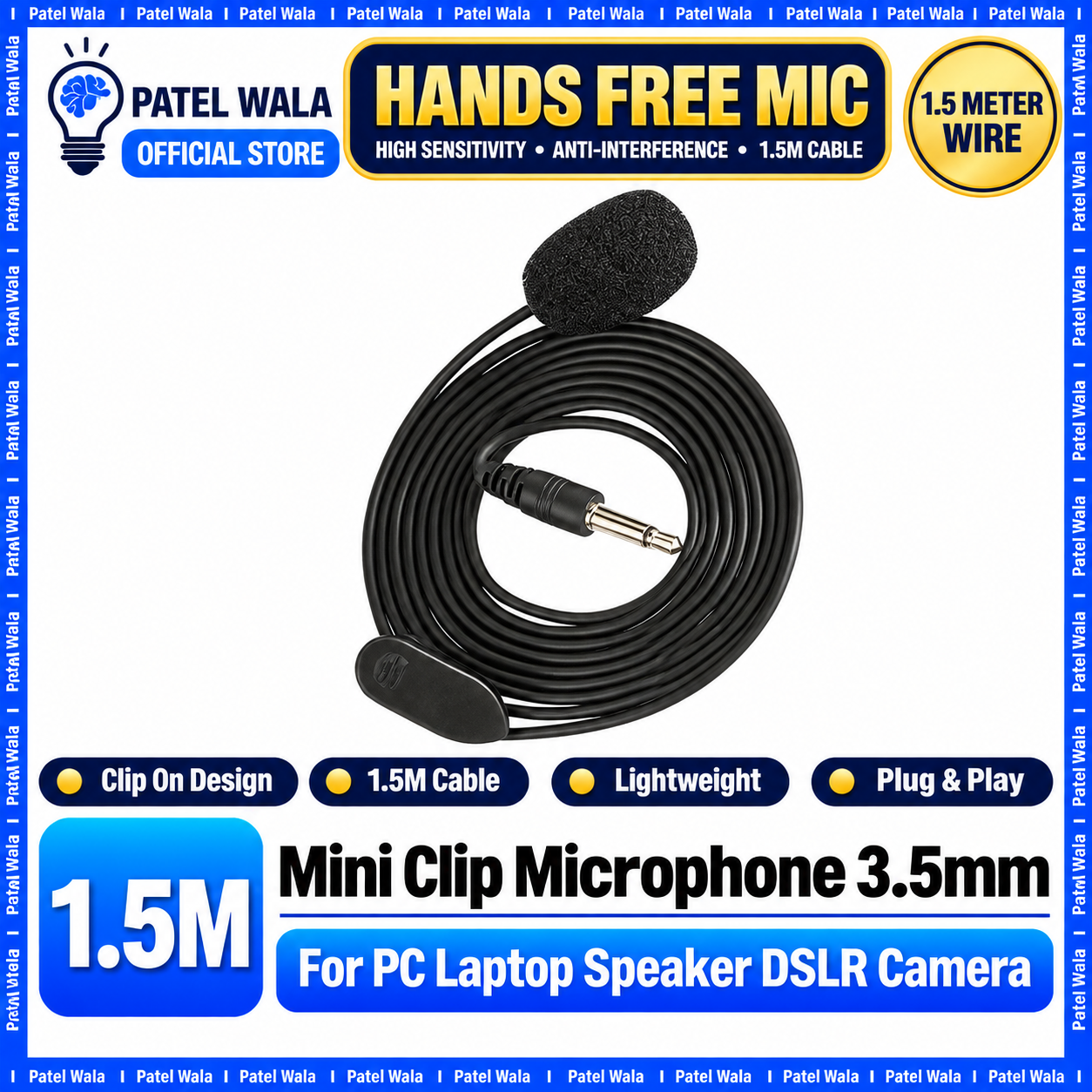 3.5mm Collar Clip Microphone Hands Free Mic For PC Computer Laptop Speaker DSLR Camera - 1.5M Standard & 5M Premium Noise Cancelling - High Sensitivity - Black