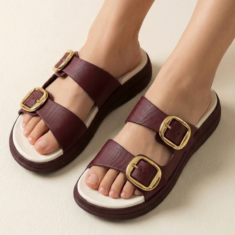 Women’s Dual-Step Platform Sandals with Gold Buckle Detail Orthopedic-Style Wedge Cushioned Sandals