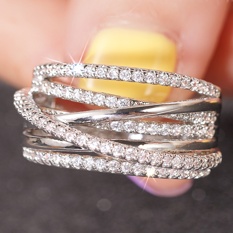 Huitan Silver Color Multi Layered Design Lady Ring Full Bright CZ for Wedding Engagement Party Trendy Luxury Accessories Jewelry