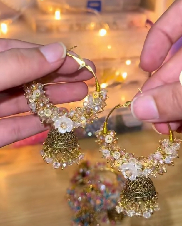 Hoop Earrings with Jhumka | Handcrafted Crystal Flower Jewelry`