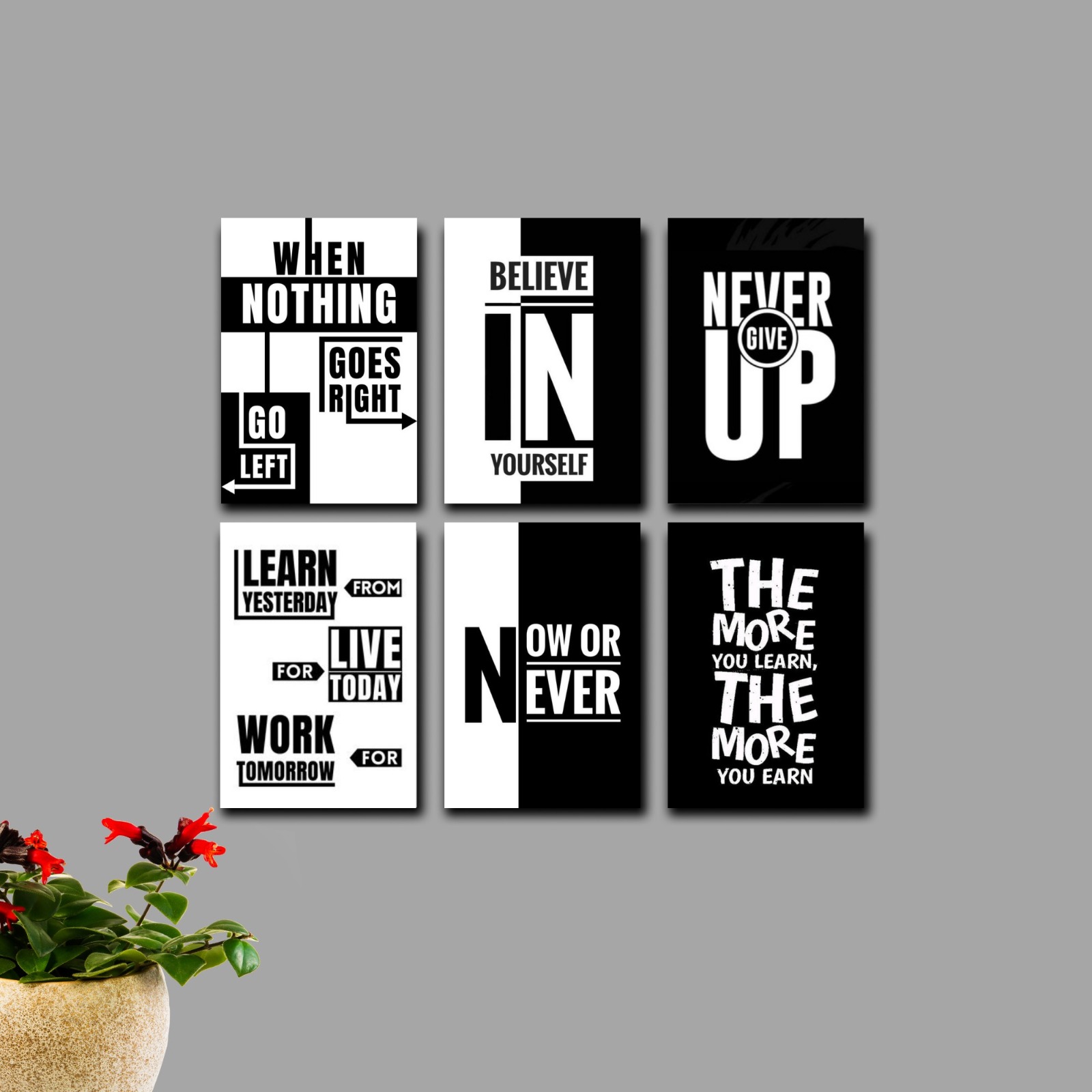 Set of 6 Black and White Motivational Wall Art Frames