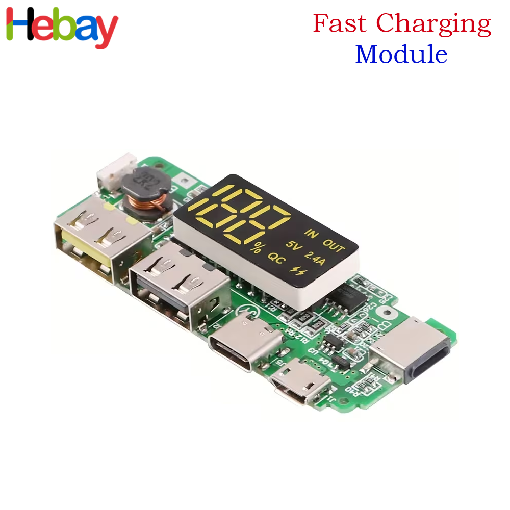 DIY Power Bank PCB Module 5V 2.4A Fast Charging Board with LED Battery Display, USB-A, Type-C, Micro USB & Lightning Input for 18650 Lithium Battery |