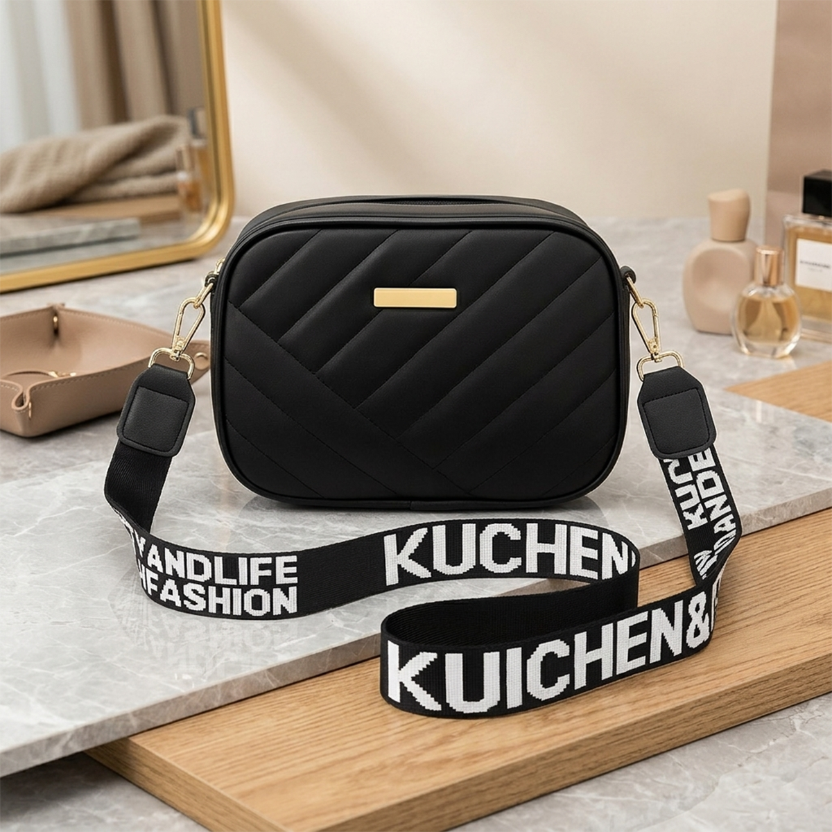 Quilted Crossbody Bag for Women with Logo Strap - Elegant Solid Pattern Shoulder Sling Purse