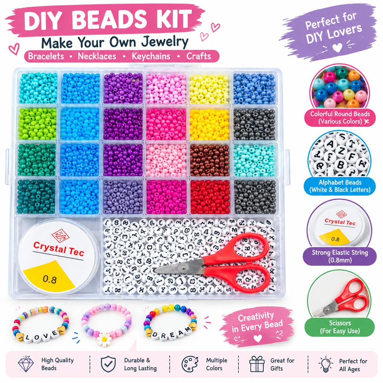 DIY Jewelry Making Beads Kit with Organizer Box | Colorful Seed Beads, Alphabet & Letter Beads with Scissors | Bracelet Necklace Making Craft Kit