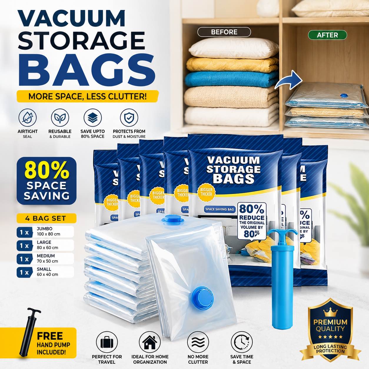 Vacuum Storage Bags with Hand Pump | 5 PCS Space Saver Compression Bags | Reusable Airtight Vacuum Seal Bags for Clothes, Blankets, Quilts, Pillows & Travel