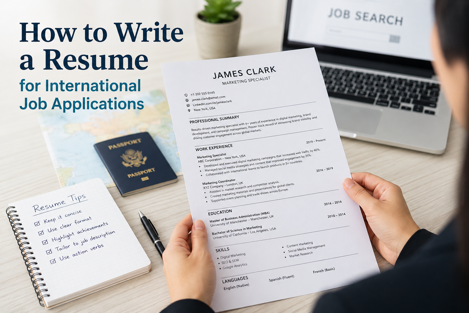 International resume sample template for James Clark, Marketing Specialist – includes contact information, professional summary, work experience, education, skills, and languages.