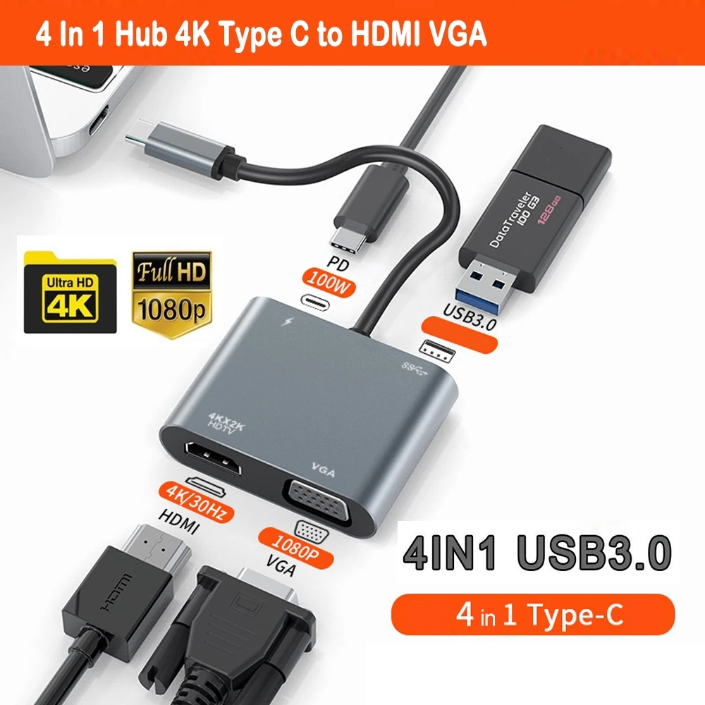 USB C To HDMI-Compatible VGA Type-C Digital AV Multiport Adapter Thunderbolt 3 Converter To 4K 1080P Fast Charging for MacBook