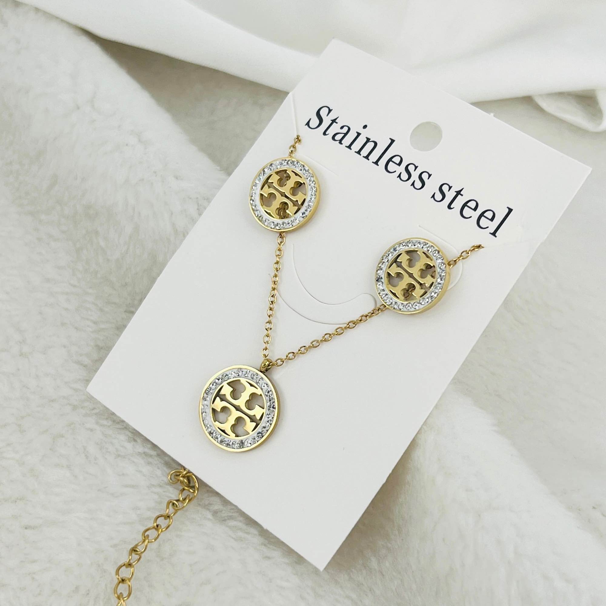 Stylish Zircon Gold Stainless Steel Set: Complete Jewelry Collection of Ring, Necklace, and Studs