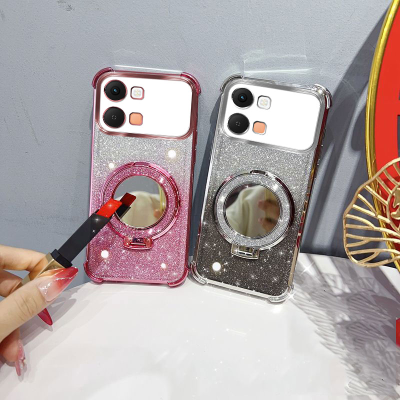 Glitter Four-Corner Shockproof Phone Case with Mirror Stand Beaded Strap For Infinix Note Edge 5G Back Cover Case