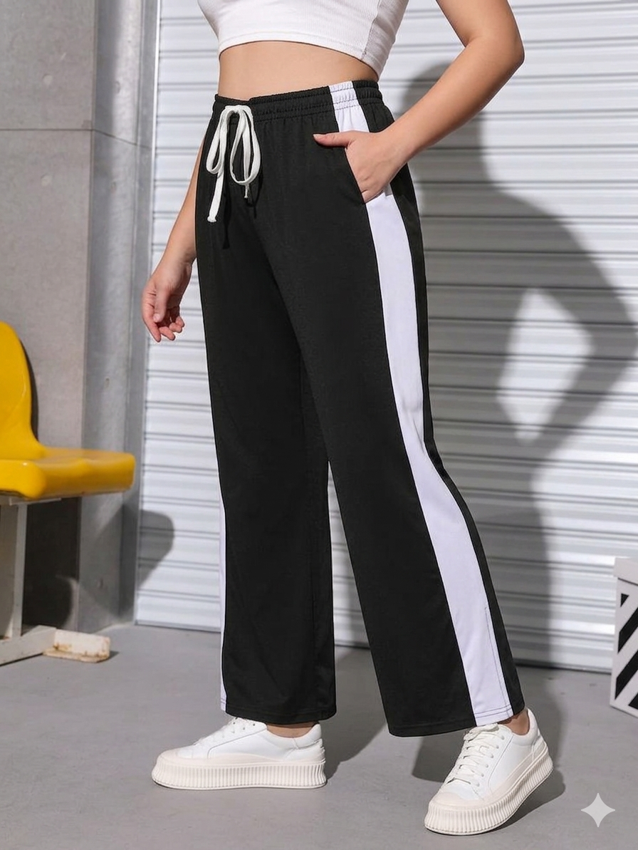 Women's  Black Wide Leg Jersey Trouser with Side Stripe