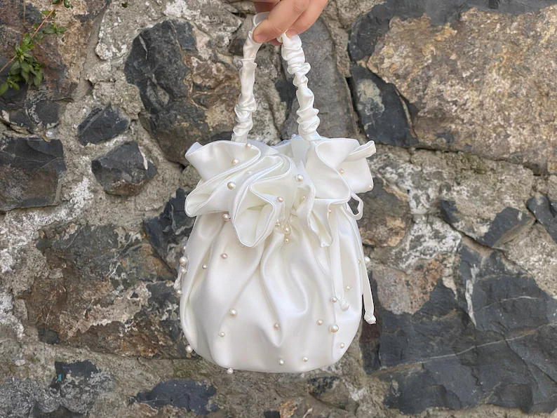 Bridal Purse bag With Ivory Beads, Wedding Clutch Bag, Evening Bag