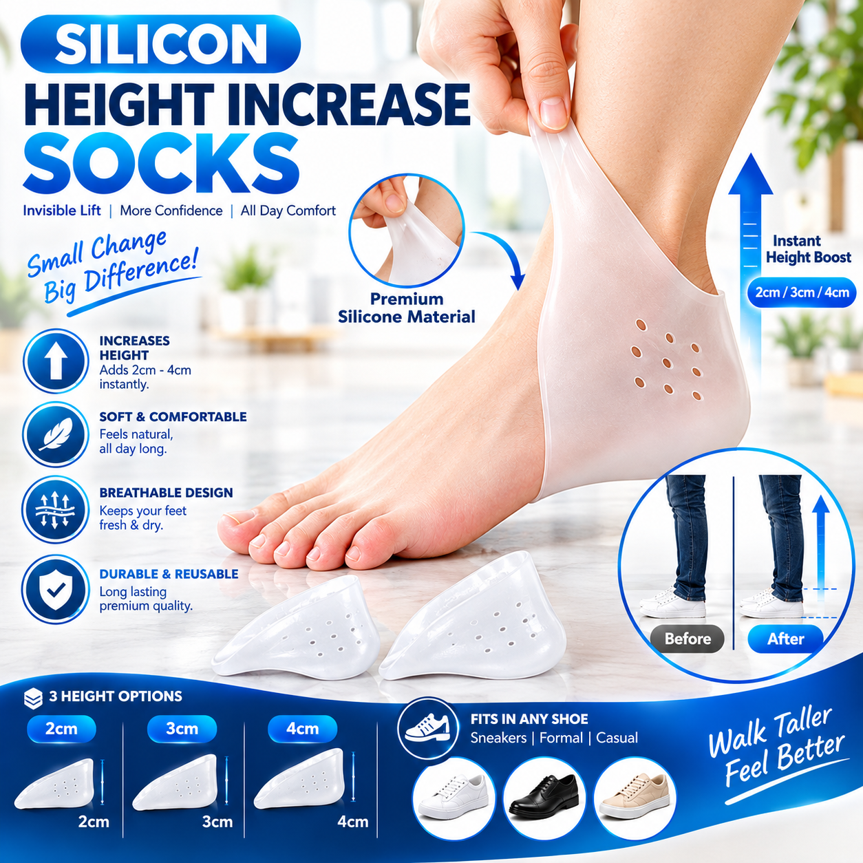 2cm 3cm 4cm Invisible Height Lift Half Socks & Silicone Gel Heel Insert Pads – Invisible Shoe Lift Insoles, Hidden Height Increase Socks for Men & Women (1 Pair)