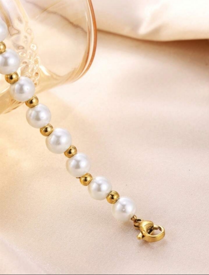 1pc Fashionable Stainless Steel & Faux Pearl Beads Decorated Beaded Bracelet Suitable For Women's Daily Wear.