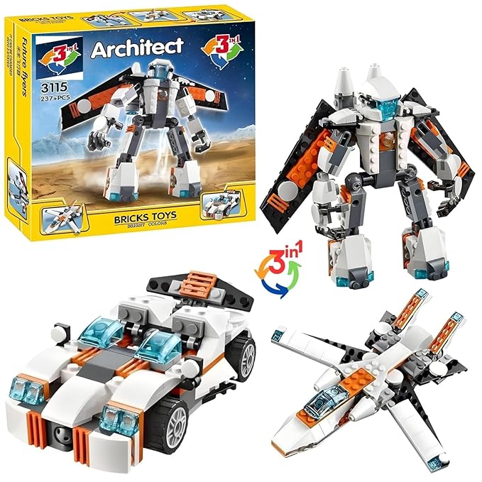 Architect 3 in 1 Building Blocks Set 237 Pcs Robot Car and Plane Educational Construction Learning Brick Toy for Kids