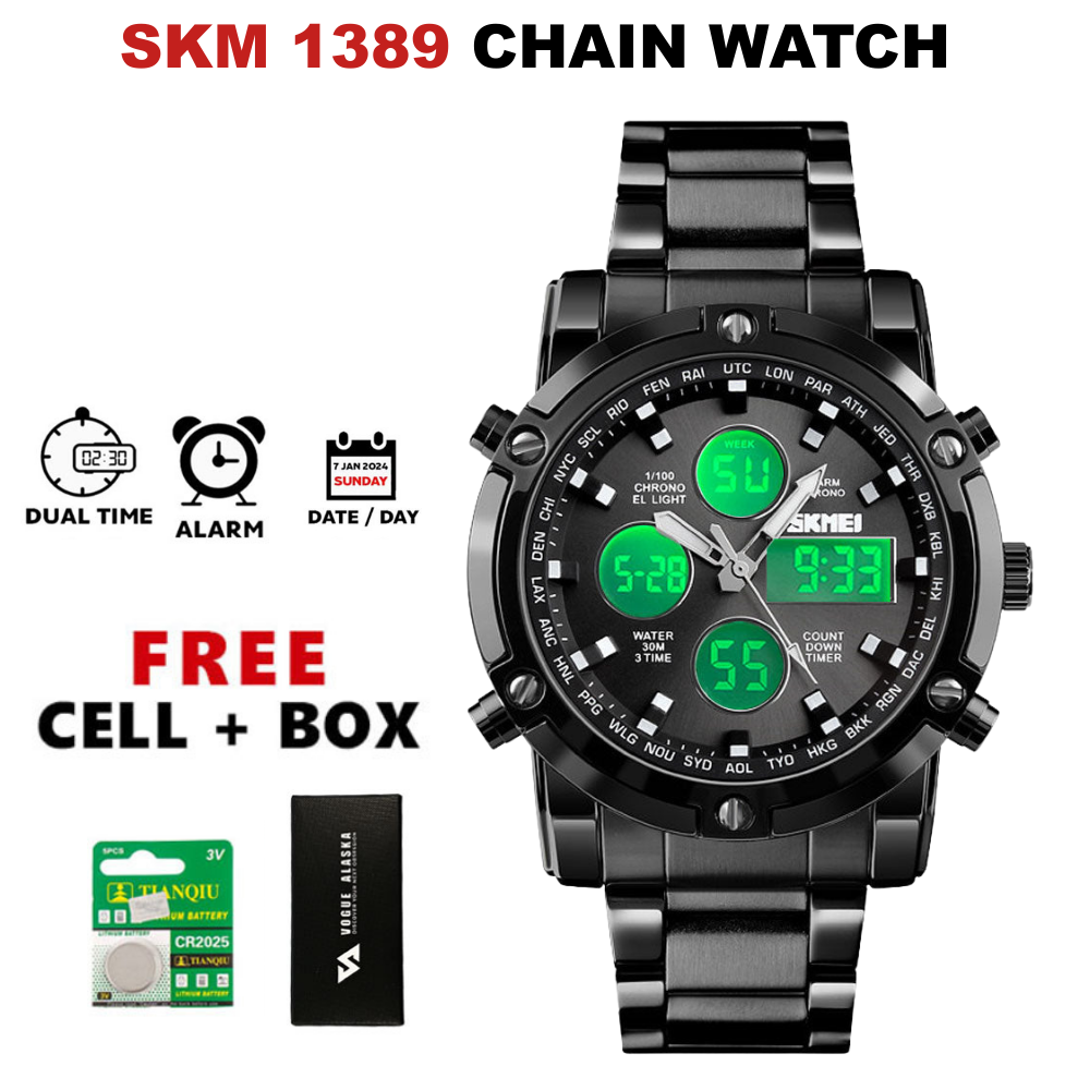 SMK 1389 Dual Time Analog and Digital Chain Watch for Men with Stainless Steel Case Date Day Alarm Stopwatch Luminous Hands LED Light and Waterproof Design