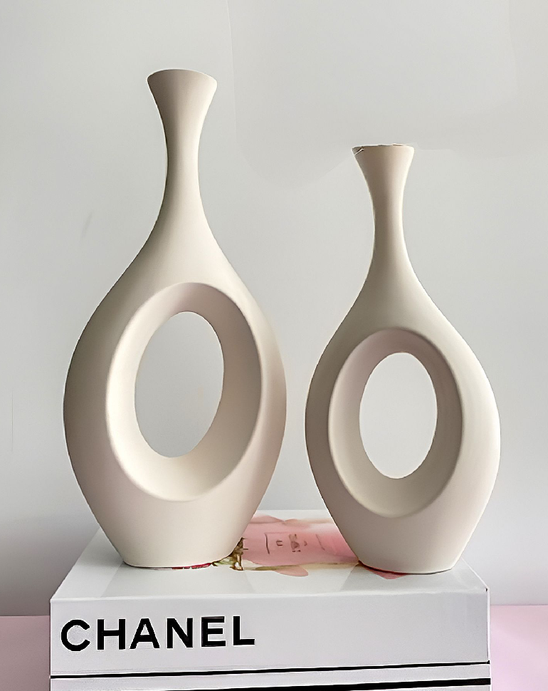 Elegant Modern Geometric Ceramic Vases Set, Home Décor Vessels with Abstract Design, 13/14 inches