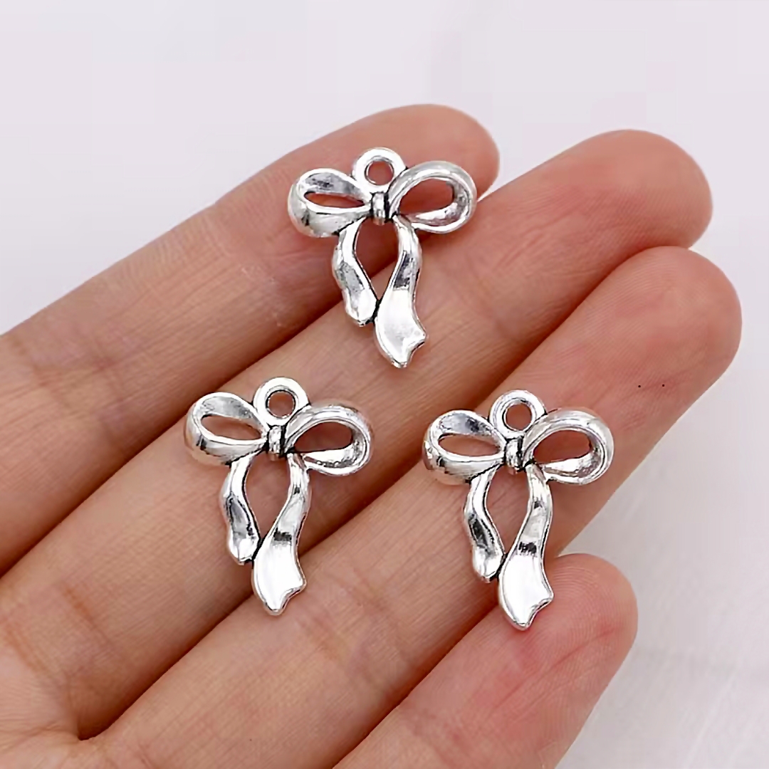 15pcs Silver Bow Charms for Jewelry Making – Cute Alloy Bow Pendants for Necklaces, Bracelets, Earrings & Keychains