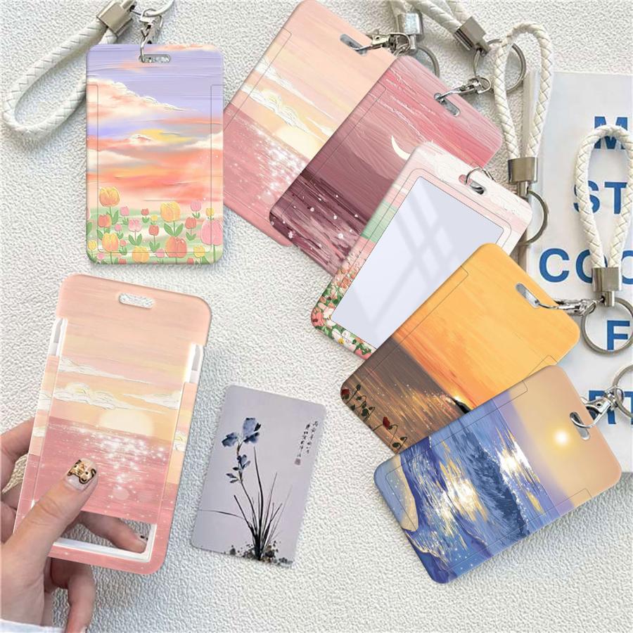 Cover Case 1Pc Card Holder Retractable Credit Card Holders Holders Child Bus with lanyard Bank ID Badge Oil Painting Scenery