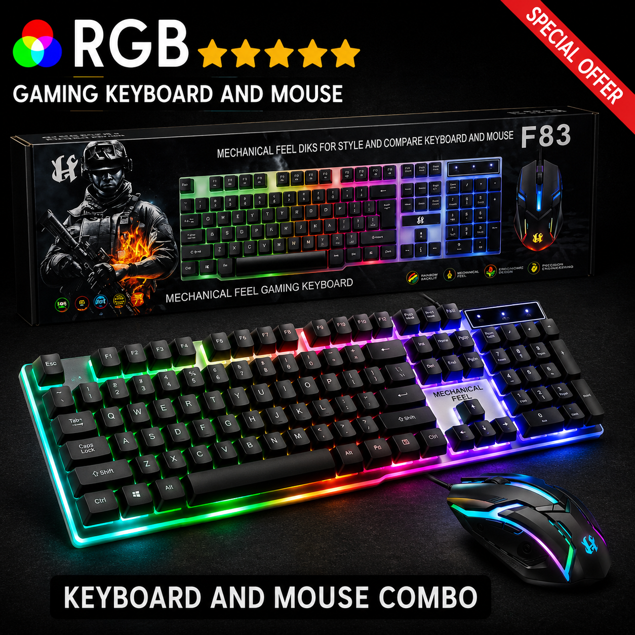 【TOP-RATED】 Gaming Keyboard RGB with Mechanical Feeling - Wired Waterproof Keyboard and Mouse Combo for Gaming & Working with FREE Mouse Pad for Mobile Pubg Laptop PC Computer Gaming - 112 Keys - Black Color