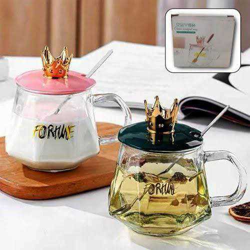 Golden Crown Shape Mug | Glass Tea & Coffee Cup with Handle | Crown Design Mug with Stainless Steel Spoon | Elegant Gift Mug