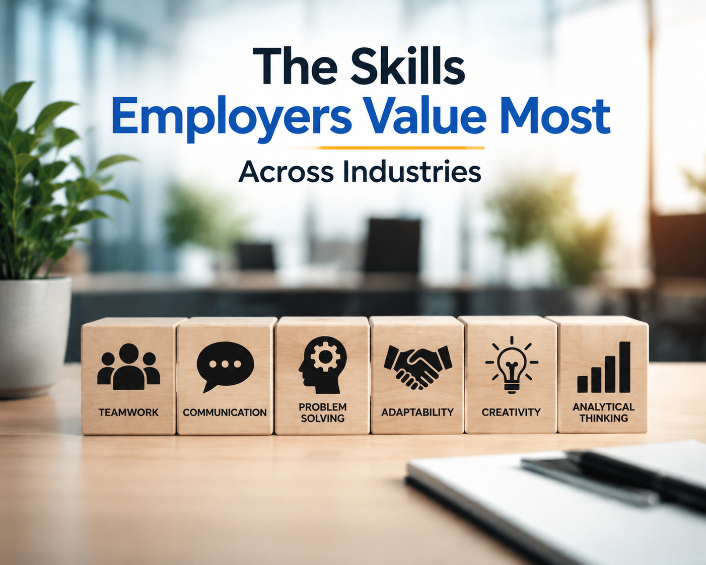 The skills employers value most across industries – visual graphic showing 6 key skills: teamwork, communication, problem solving, adaptability, creativity, and analytical thinking.