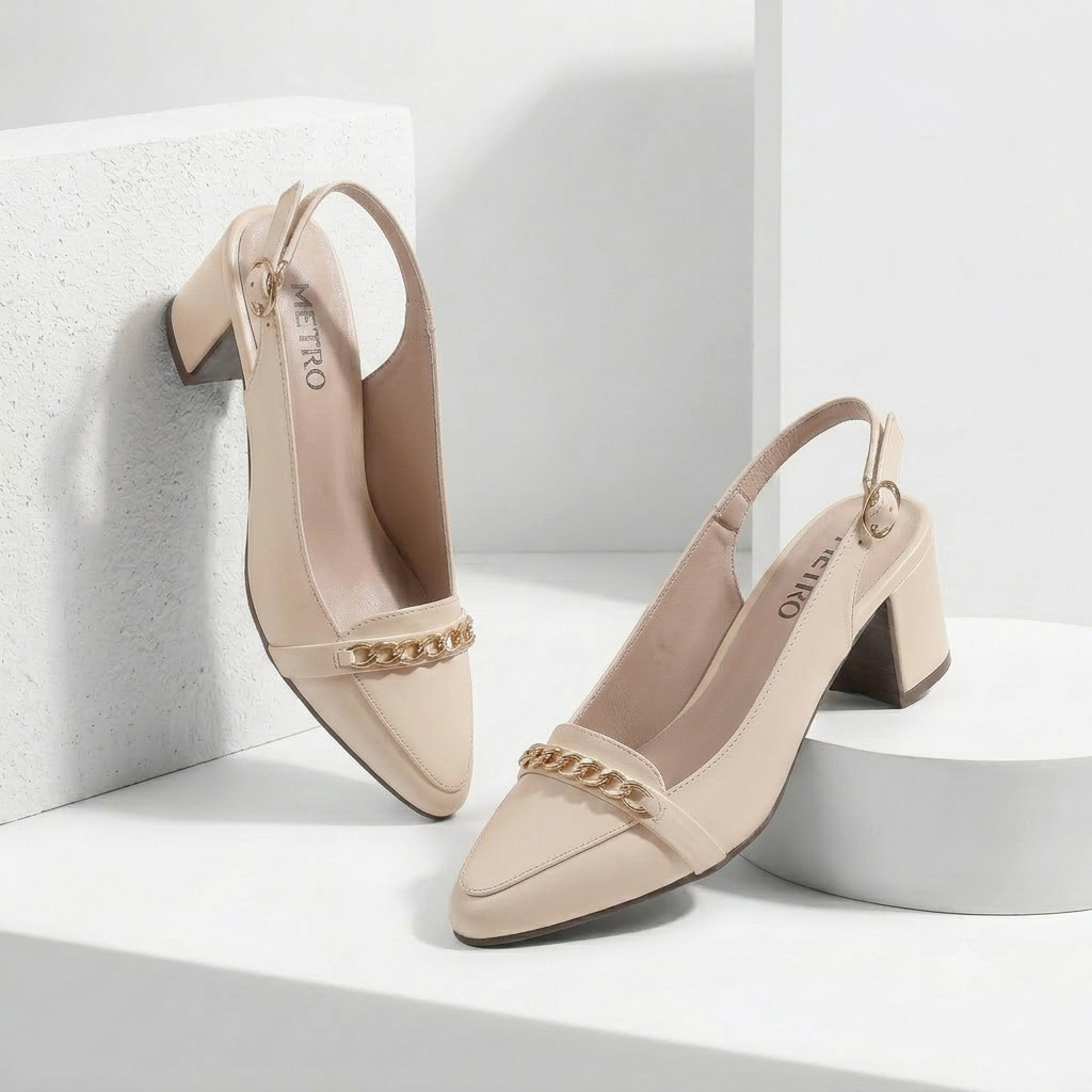 Women's Elegant Pointed-Toe Slingback Block Heels Shoes – Chic Gold Chain Accent Dress Court Shoes & Pumps in Multicolors