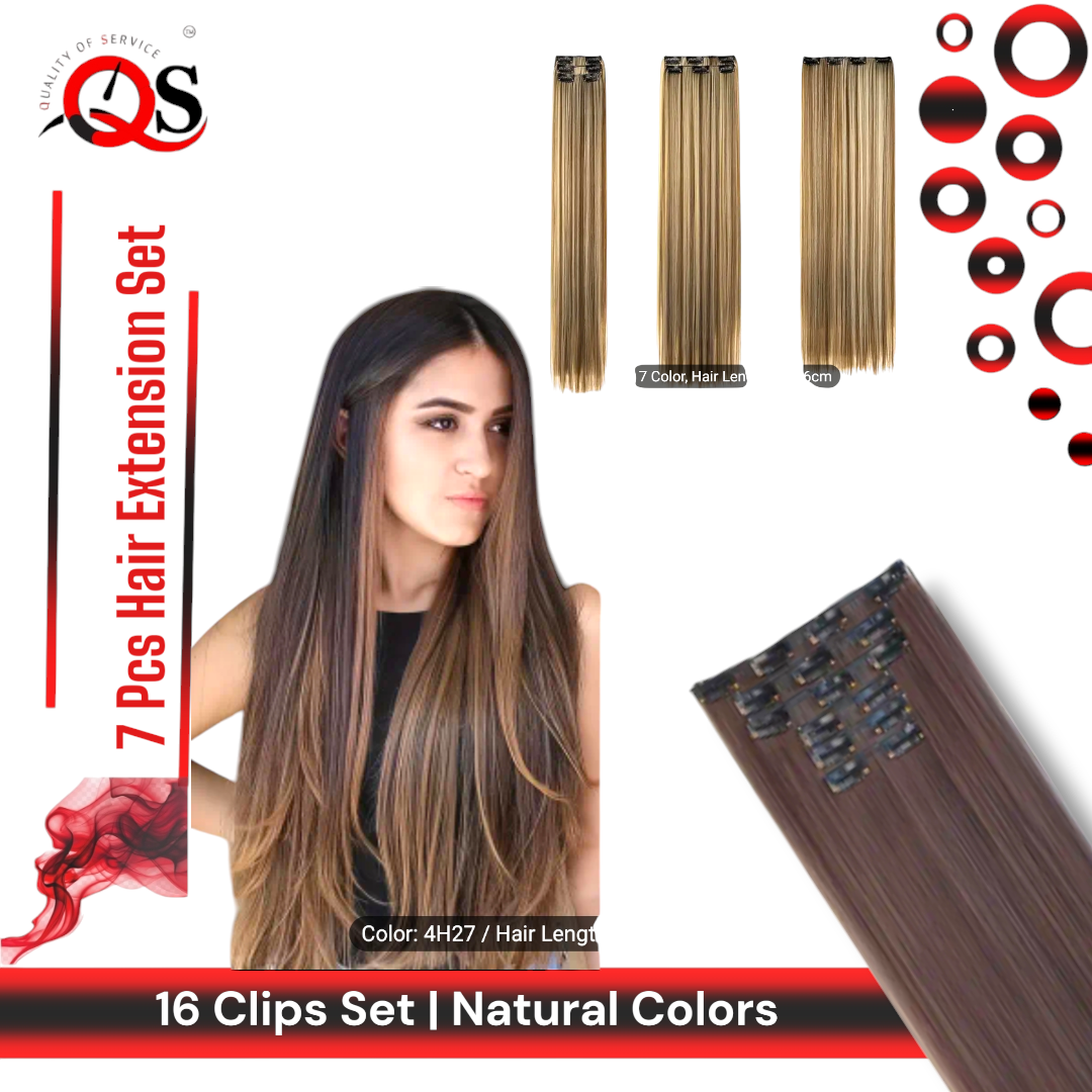Clip-In Hair Extensions for Women 7 Pieces 16 Clips - Thick Long Lightweight Hairpiece - Jet Black, Brown, Golden & Burgundy
