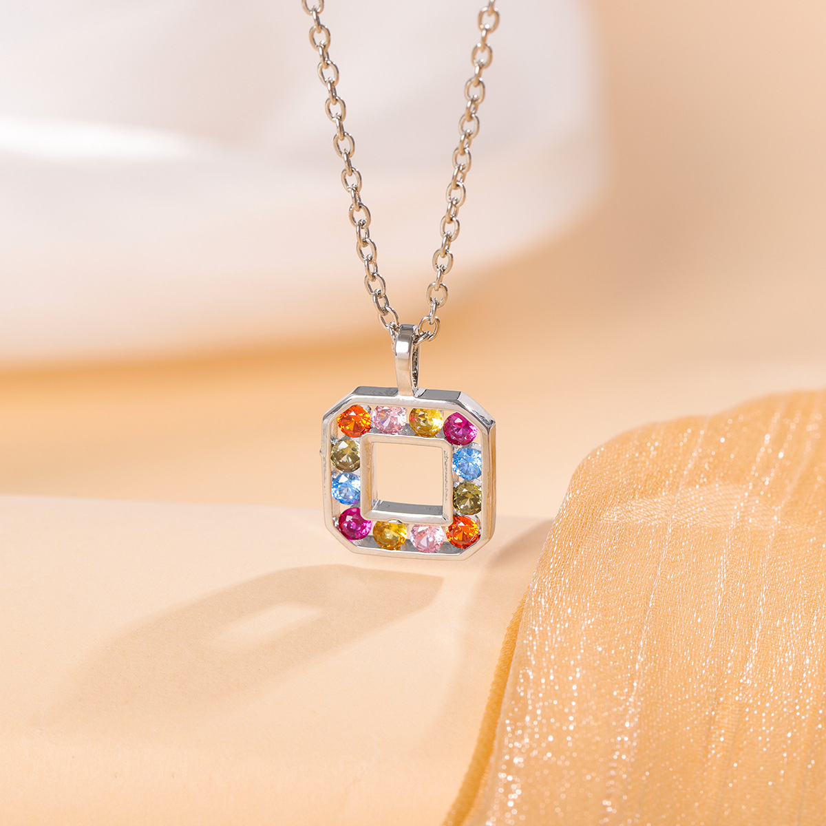 Fashion Colorful Crystal Square Geometric 925 Sterling Silver Jewelry Personality Pendant Necklaces  XL298