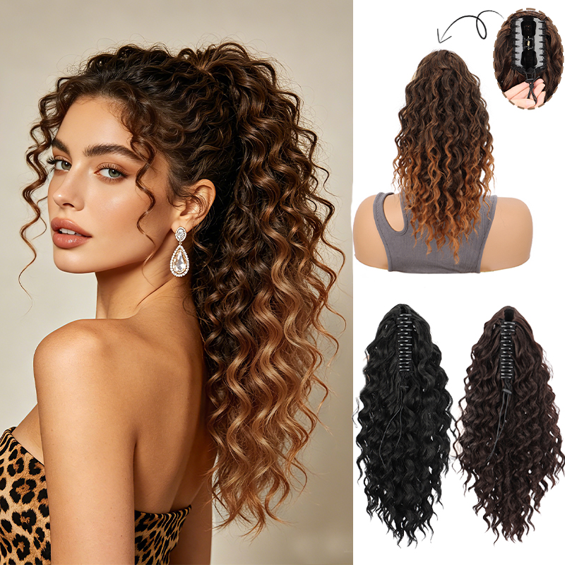 Synthetic Claw Clip Curly Wavy Ponytail Extension Afro Fluffy Hairpiece for Women Black Brown Voluminous Long Pony Tail Hair