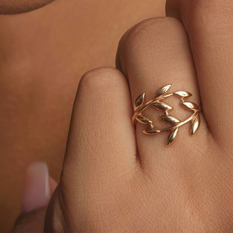 Olive Leaves Rings For Women Open Adjustable Gold Color Stainless