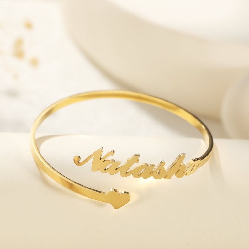 Personalized Name Bracelets with Love Heart, 18K Gold Custom Name Cuff Bangle Bracelets, Handmade Cute Cuff Bracelets, Gifts for Her