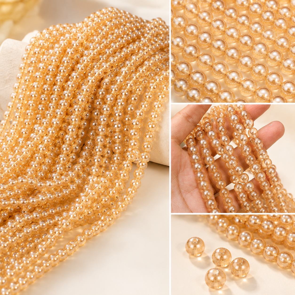 6mm & 8mm Golden Transparent Glass Round Beads Strand for Jewelry Making | Smooth Spacer Beads DIY Bracelet, Necklace, Earrings & Craft Supplies