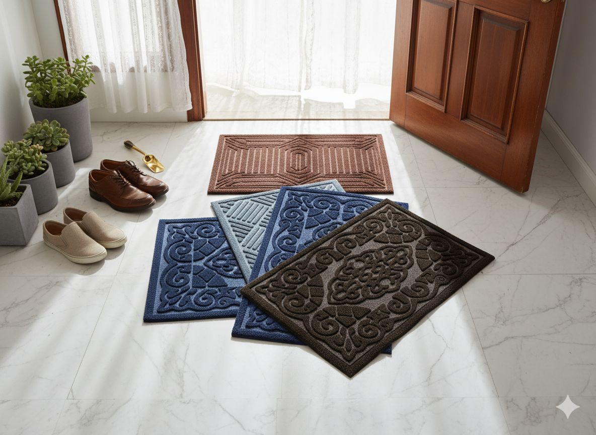 Ariash Home Decor Floor Mat with Welcome Door Design, Multicolor/Navy Blue/Sand/Orange, High-Quality Microfiber Material, Suitable for Bathrooms and Living Rooms